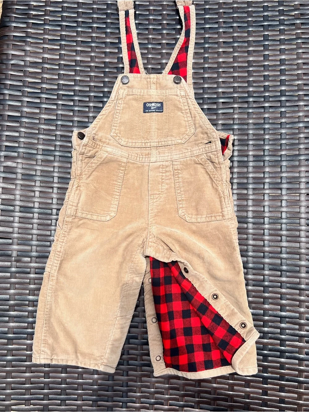 OshKosh B'gosh Tan Corduroy Overalls with Red Plaid Lining 18M